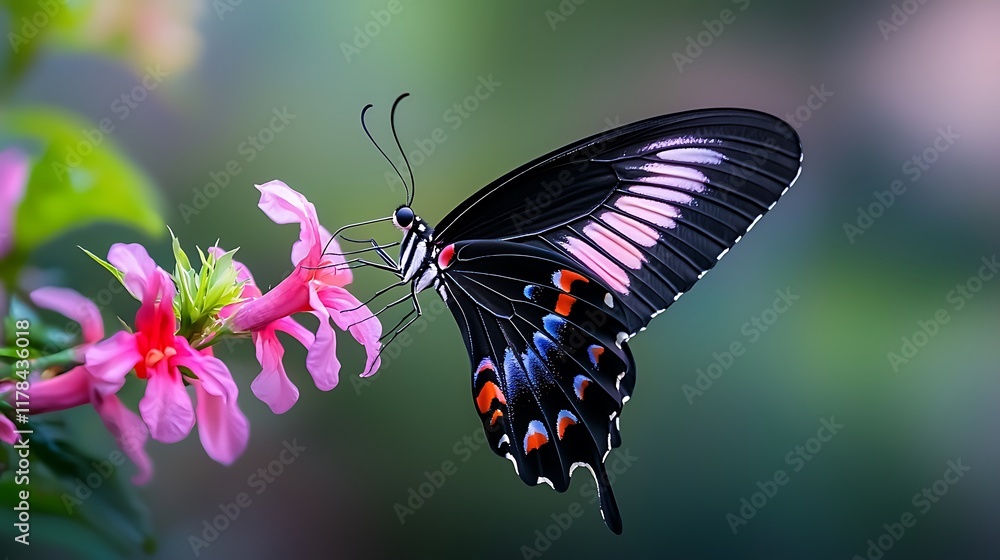 Close-up of a black and pink butterfly with orange and white markings feeding on a pink flower. Close-up of a black and pink butterfly with orange and white markings feeding on a pink flower.
