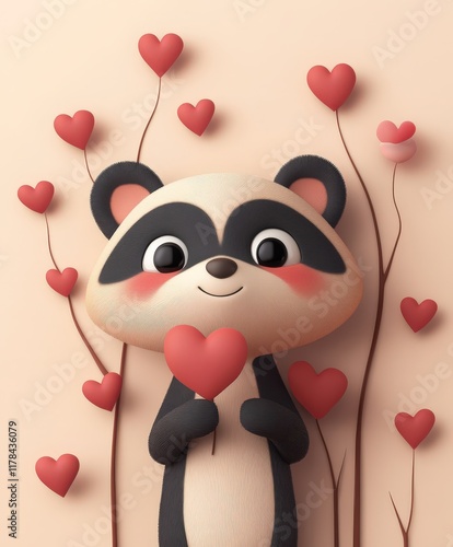 A playful raccoon, heart in paws, stands before a wall adorned with vibrant hearts, celebrating love and joy on Valentine's Day. photo