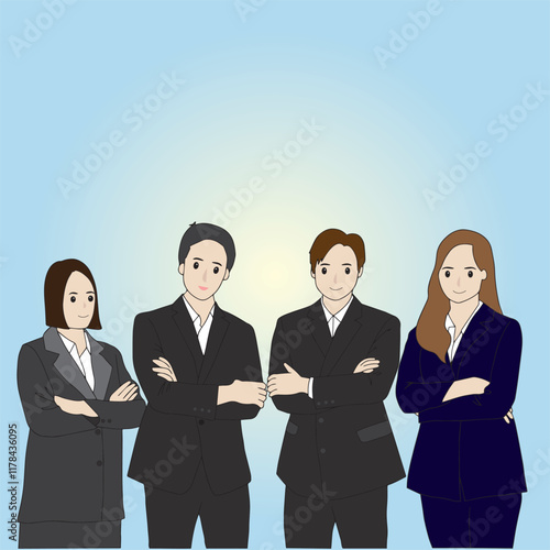 Illustration of four professionals in a business setting.