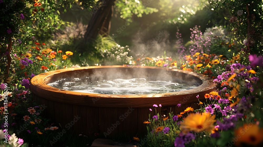 A rustic wooden hot tub surrounded by a dense arrangement of colorful wildflowers, with steam rising softly into the warm morning light, a garden with lush greenery forming the background, A rustic wooden hot tub surrounded by a dense arrangement of colorful wildflowers, with steam rising softly into the warm morning light, a garden with lush greenery forming the background,