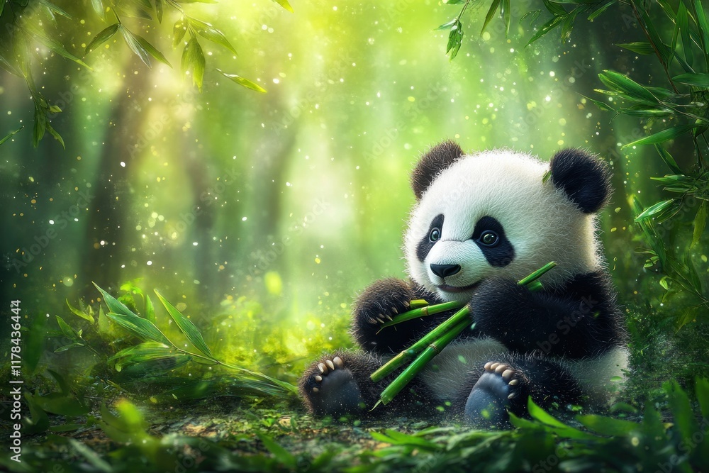 Fototapeta premium Cute Panda Eating Bamboo in Sun-Dappled Forest
