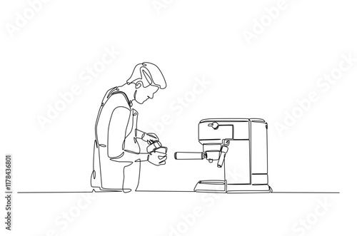 Barista and coffee machine continuous one line drawing. Barista preparing cofffee in single line art illustration. Editable vector.