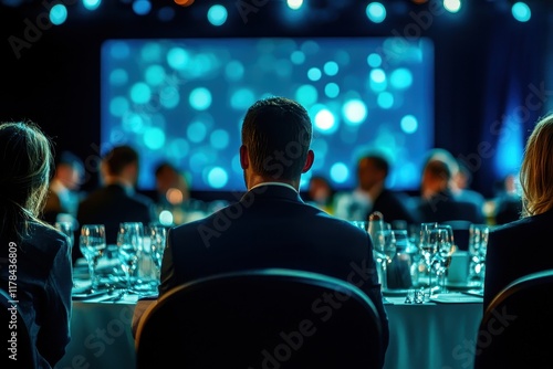 Man in suit at formal dinner, watching presentation. Ideal for corporate event, awards ceremony, or business meeting visuals.