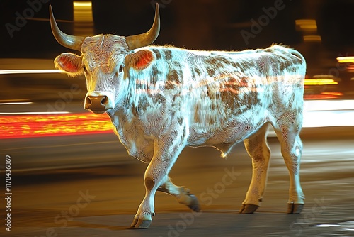 White Bull Walking City Night Street photo