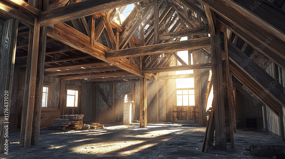 Fototapeta premium Sunlit wooden house under construction with exposed beams