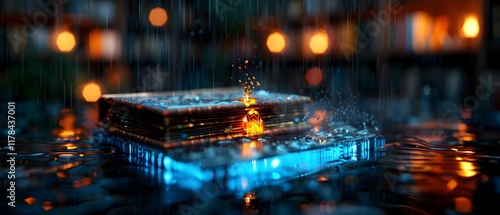 Enchanted Book Floating on Water with Glowing Light and Rainy Background in a Magical Library Setting