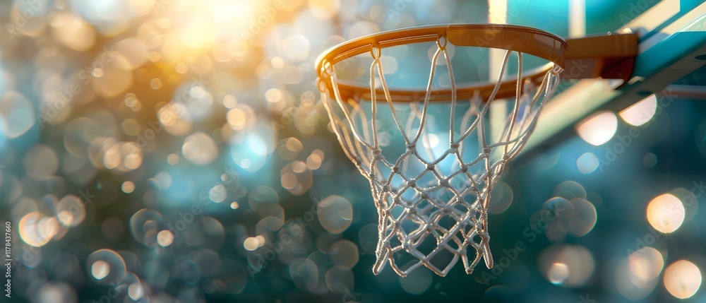 Bright and Colorful Basketball Hoop with Net Captured in a Sunlit Outdoor Setting Bright and Colorful Basketball Hoop with Net Captured in a Sunlit Outdoor Setting