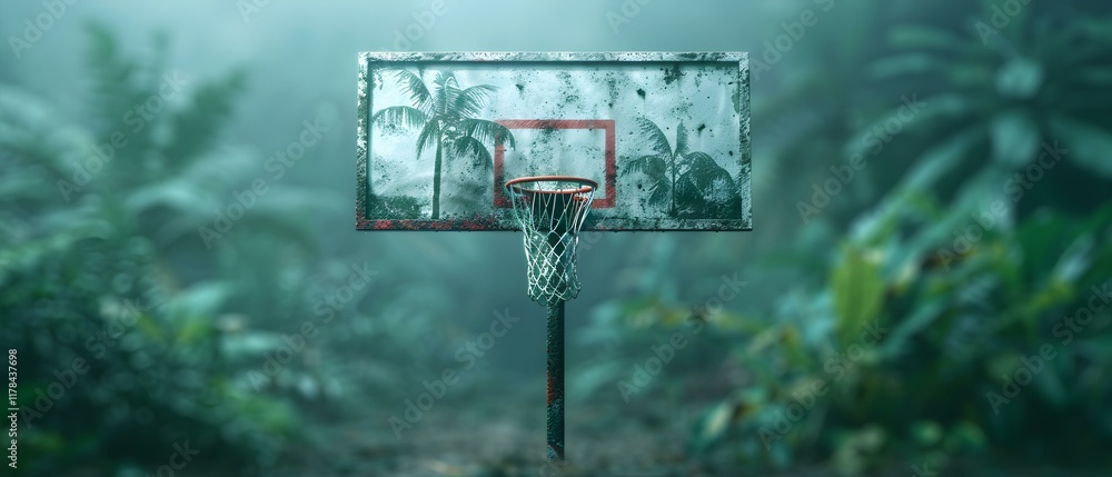 Abandoned Basketball Hoop Surrounded by Lush Jungle with Tropical Plants and Foggy Atmosphere Abandoned Basketball Hoop Surrounded by Lush Jungle with Tropical Plants and Foggy Atmosphere