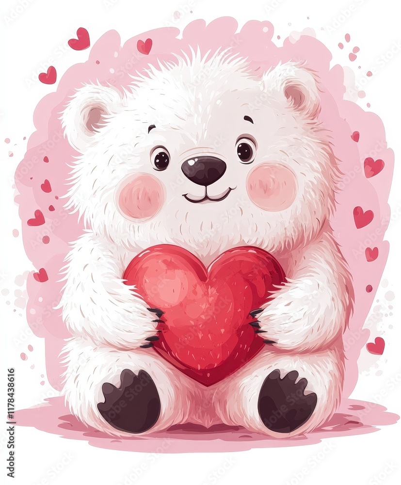 Obraz premium A fluffy white teddy bear clutches a vibrant red heart, symbolizing love and affection, perfect for celebrating Valentine's Day moments.
