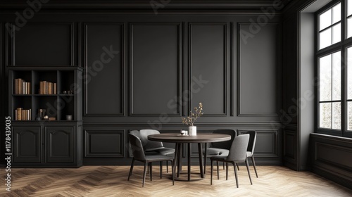 Dark wood dining set in a classic black paneled room.