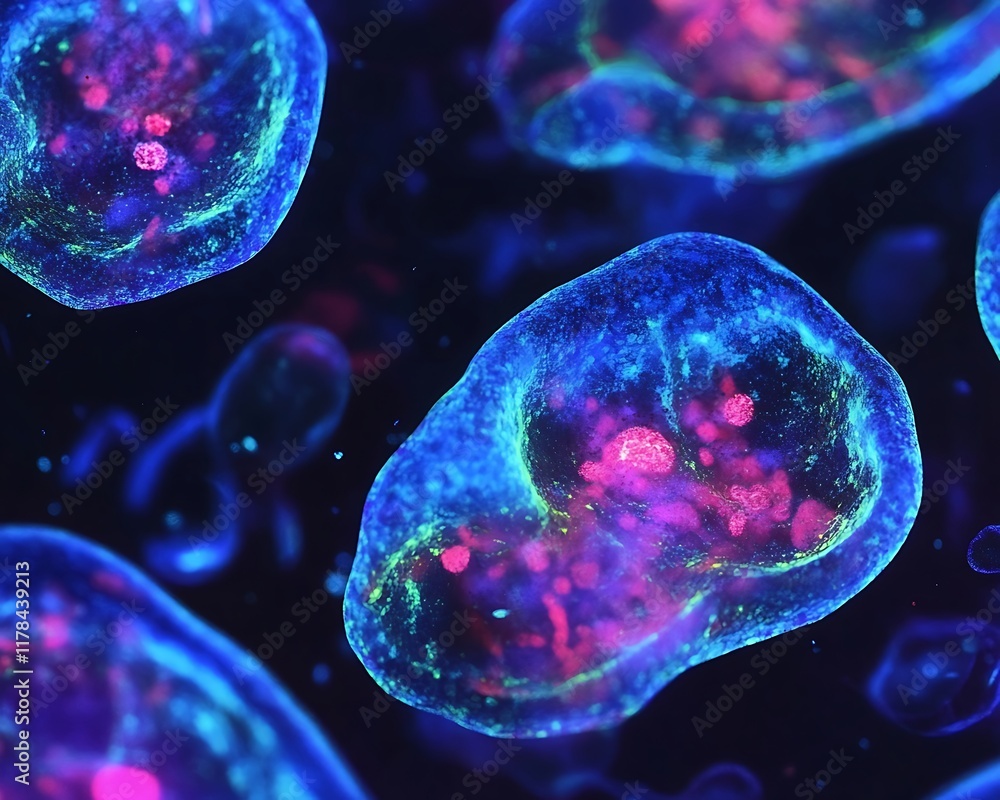 Naklejka premium Detailed view of animal cells in culture highlighting cellular membranes, nuclei, and cytoplasmic structures for research
