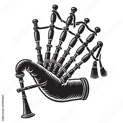 Bagpipes Silhouette Vector Illustration, Solid White Background.