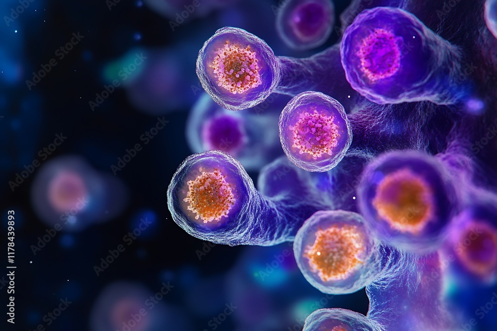 Fototapeta premium Microscopic image of neutrophils actively engulfing bacteria, highlighting their segmented nuclei and granular content