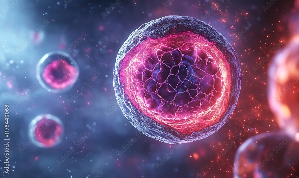 Naklejka premium Fluorescently labeled nucleus in a live cell image, showing dynamic interactions of the nuclear envelope with the cytoskeleton