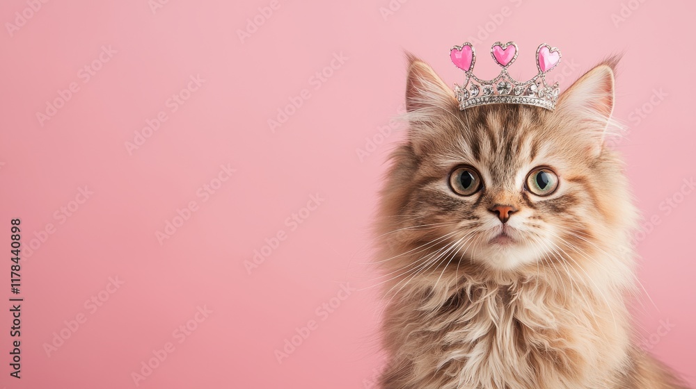 A fluffy cat wears a small crown adorned with pink hearts against a soft pink background, exuding a playful and regal vibe.