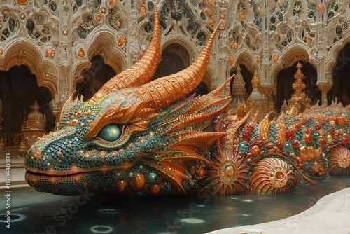 Ornate jeweled dragon rests in regal palace pool photo