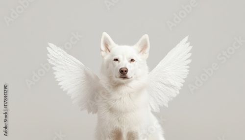 A whimsical image of a white dog with angelic wings, creating a dreamy and ethereal atmosphere.