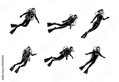 scuba diver silhouette set, isolated background