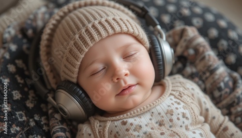 A baby with headphones and a knitted beanie lies calmly on a dotted blanket, enjoying a serene moment of relaxation photo