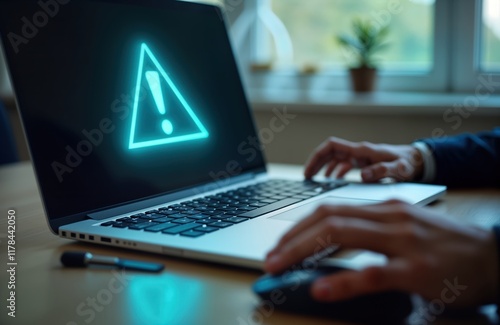 Businessperson works on laptop displaying caution alert. Tech problem maintenance message. Error notification on screen. Possible network issue system alert. Person using computer. Possible problem