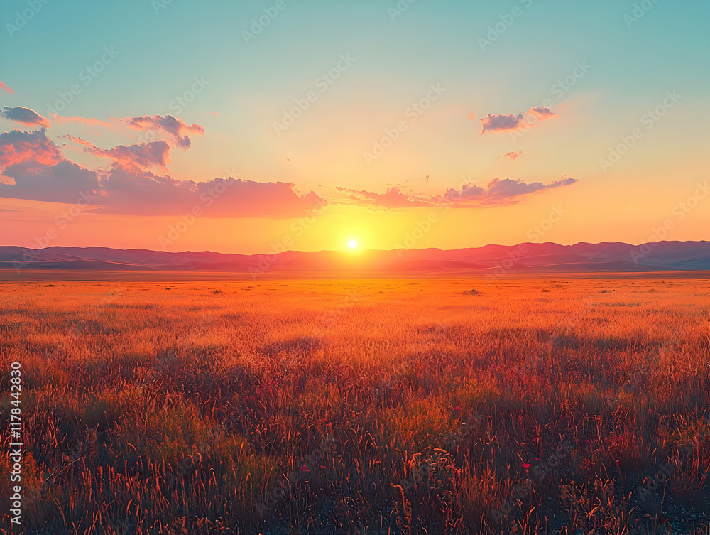 Sunset's Fiery Embrace: Golden Grassland Sunset's Fiery Embrace: Golden Grassland