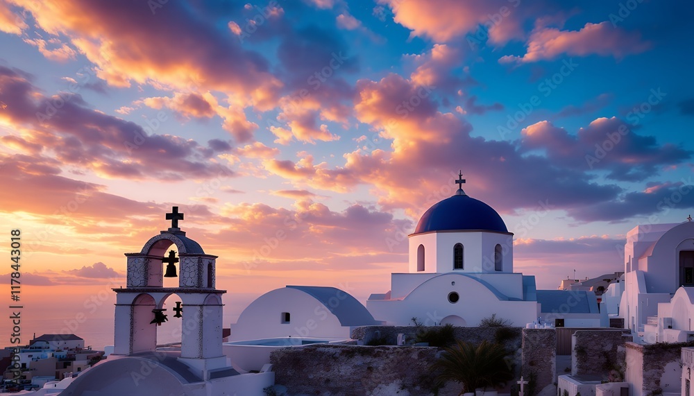 Obraz premium Greek Island Church at Sunset: Serene, Whitewashed Architecture under a Vivid Sky