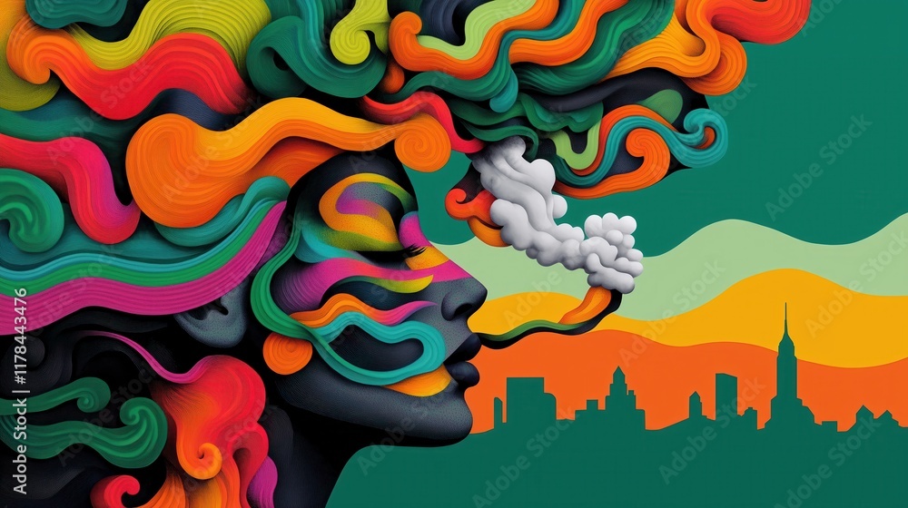 Surreal composition of a woman's face with rainbow smoke-like waves and a city skyline in the background. Surreal composition of a woman's face with rainbow smoke-like waves and a city skyline in the background.