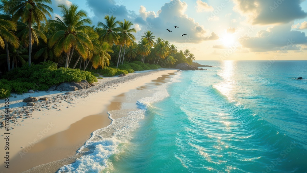 Softly rounded dunes give way to turquoise waters, while weathered pebbles and rocks dot the sun-kissed beachscape in a serene expanse of golden sand Softly rounded dunes give way to turquoise waters, while weathered pebbles and rocks dot the sun-kissed beachscape in a serene expanse of golden sand