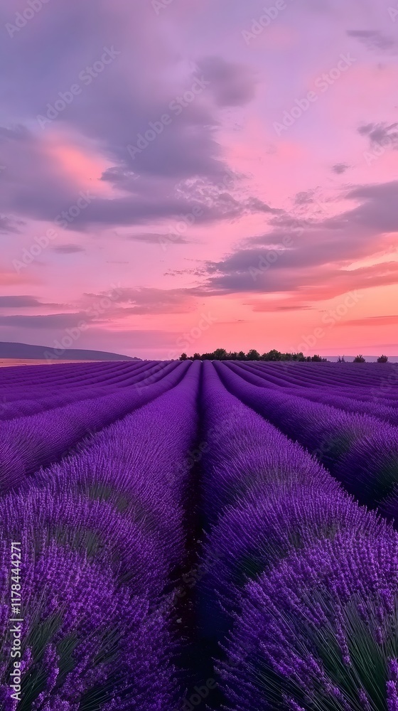 Obraz premium A serene lavender field under the twilight sky, with rows of purple flowers stretching to the horizon. captures the tranquility and beauty of nature