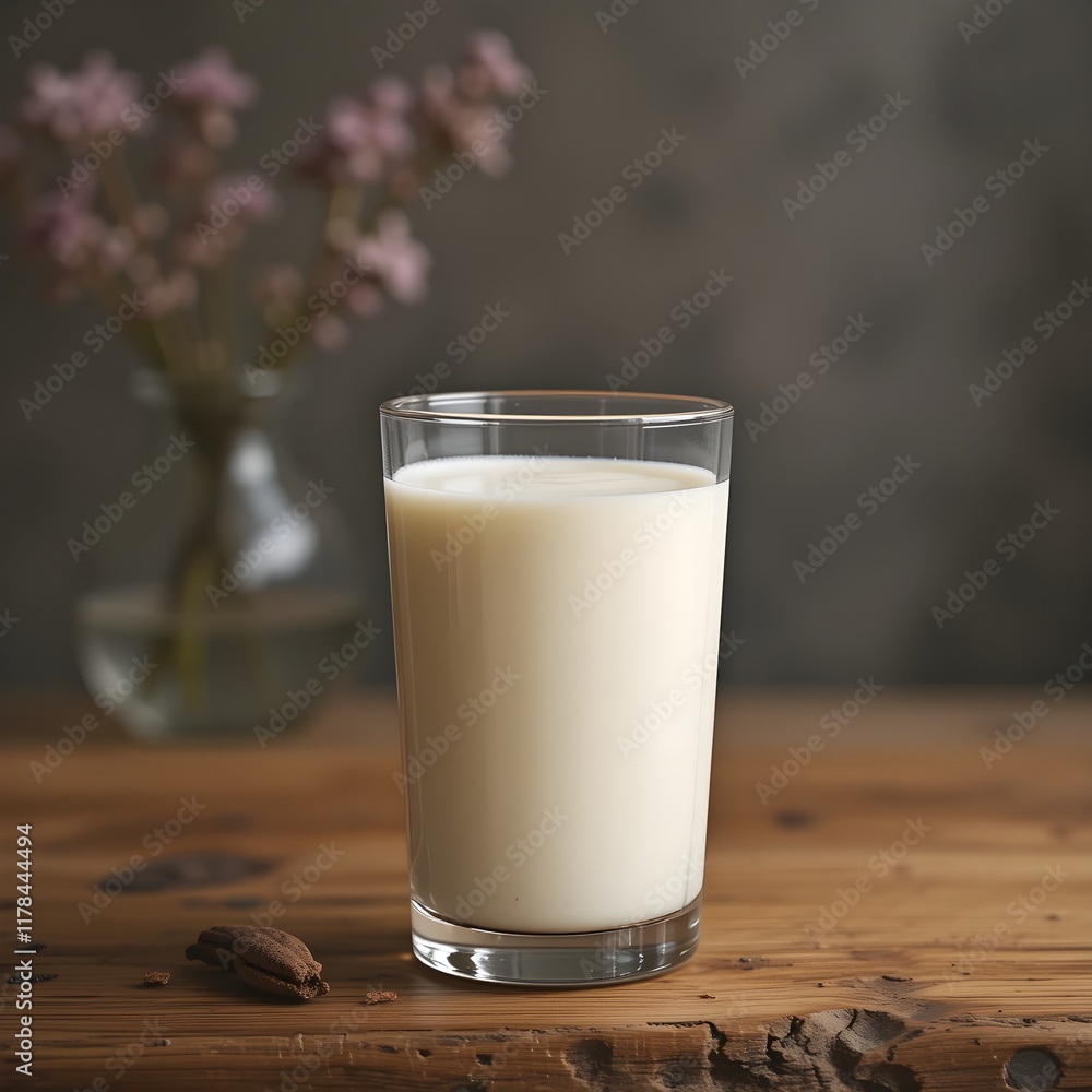 A glass of cow's milk with a Japanese-style cherry blossom background A glass of cow's milk with a Japanese-style cherry blossom background