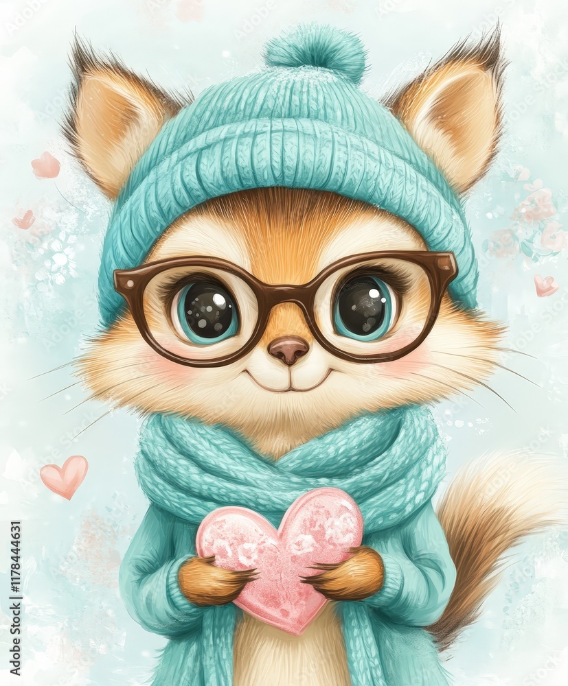 Obraz premium A charming cat dons a whimsical hat and stylish glasses, playfully clutching a heart, embodying the spirit of love and joy this Valentine's Day.