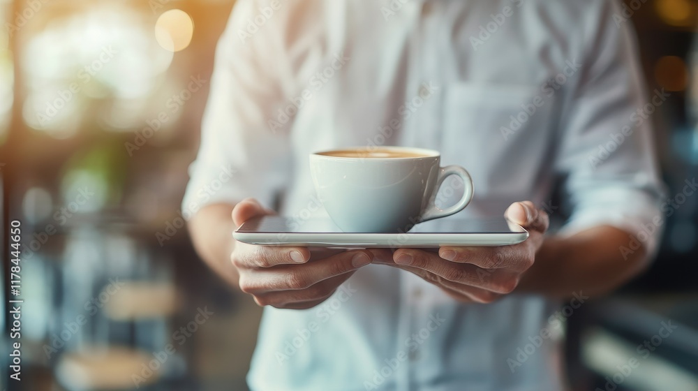 Person holding tablet with coffee cup. Perfect for cafe, relax, and work concepts. Person holding tablet with coffee cup. Perfect for cafe, relax, and work concepts.