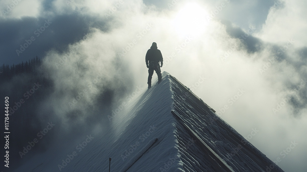 Silhouette of person standing on snowy roof peak in misty weather Silhouette of person standing on snowy roof peak in misty weather