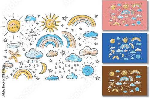 Cute hand-drawn weather elements set with suns, moons, rainbows, clouds, raindrops, and stars in a childish style.