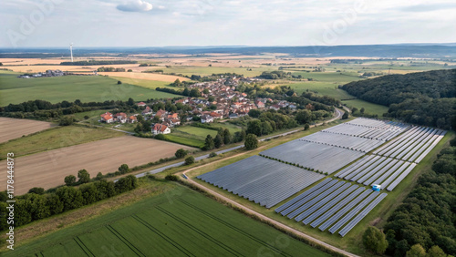 Aerial view of solar power plant. Photovoltaic power station supplying electricity to small town in countryside. Renewable solar energy in the city,solar panel, solar farm, solar energy