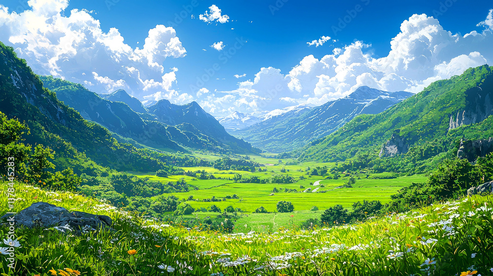 Obraz premium Majestic Mountain Valley Landscape: Serene Meadow, Sunny Sky, Blooming Wildflowers. Breathtaking Panoramic View of Nature's Beauty