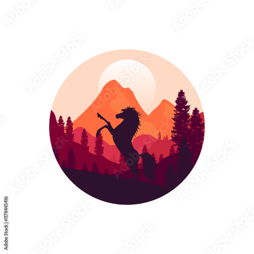 Horse Silhouette with sunset background masked with circle shape