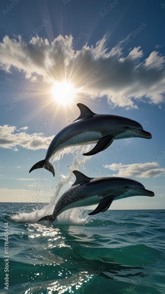 Fototapeta premium ocean wallpaper , A pod of dolphins leaping through crystal-clear ocean waters under bright skies