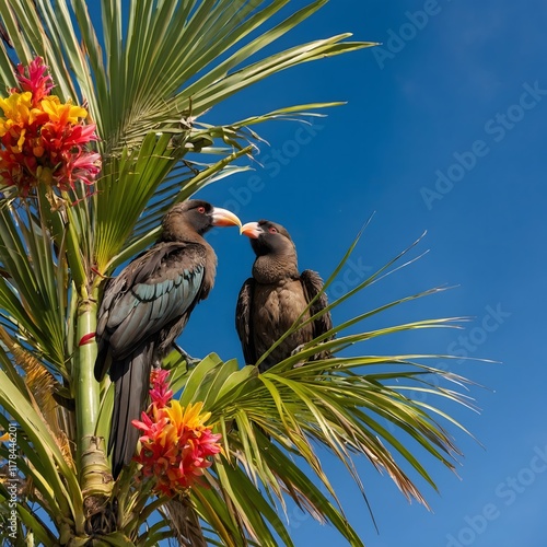 Serene Paradise: Nikau Palms, Native Birds, and Lush Tropical Flowers photo