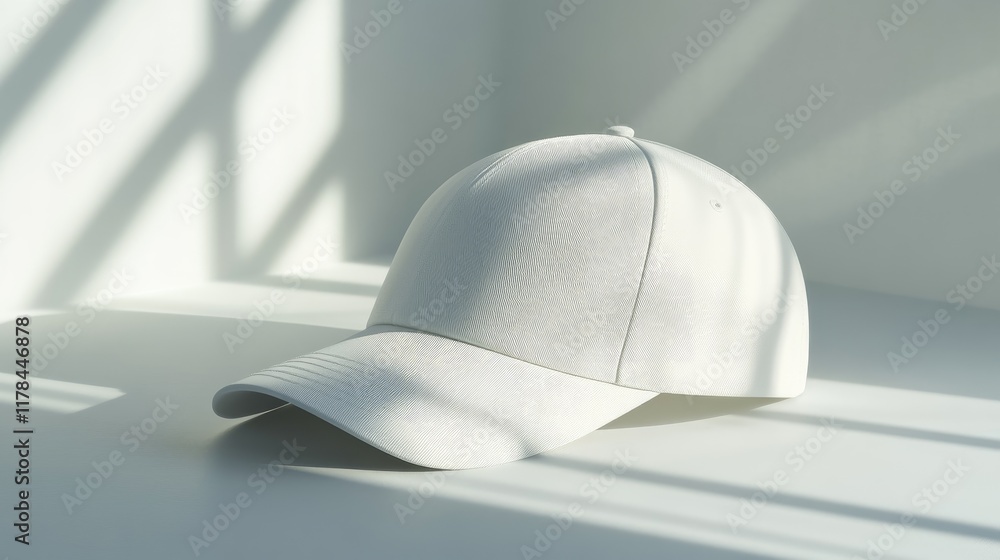 A clean white baseball cap sits on a white surface, illuminated by sunlight casting shadows. A clean white baseball cap sits on a white surface, illuminated by sunlight casting shadows.