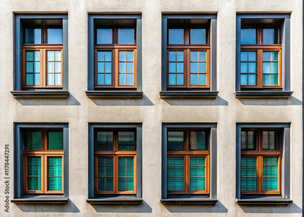 Obraz premium Black Windows on Light Grey Building Facade Texture Photography