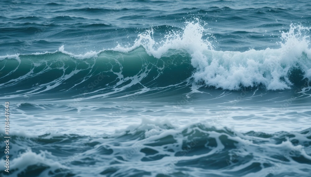 Fototapeta premium Ocean waves in motion, showing the energy of the sea with splashes and mist.