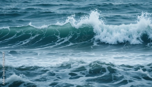 Ocean waves in motion, showing the energy of the sea with splashes and mist. photo