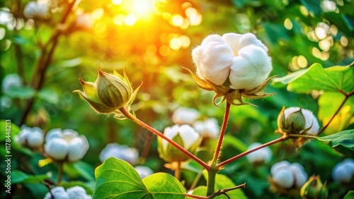 Blooming Gossypium barbadense Cotton Plant, Lush Green Background, Copy Space