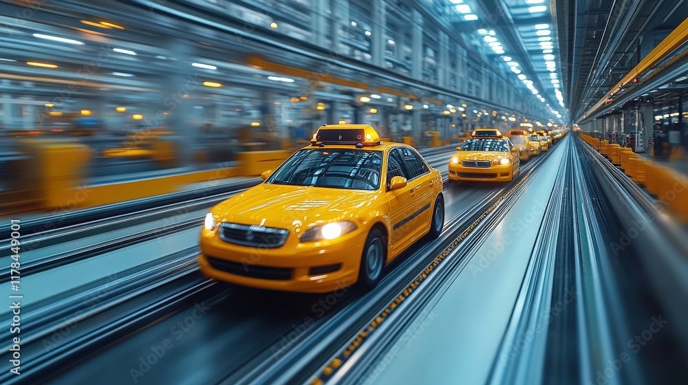 Bright Yellow Taxi Cars Racing Through An Urban City Landscape, Featuring Modern Architecture and Dynamic Motion Blur for Sense of Speed and Energy