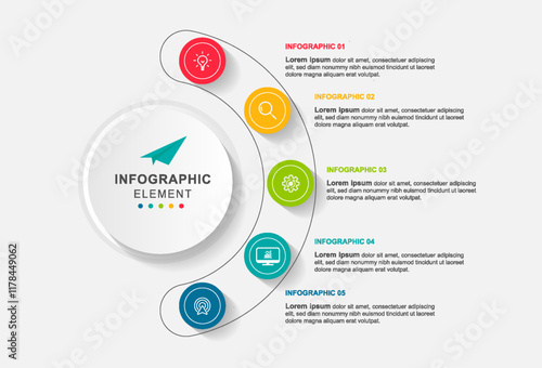 infographic template with integrated circles. Business concept with 5 options. For content, diagram, flowchart, steps, parts, timeline infographics, workflow, chart.