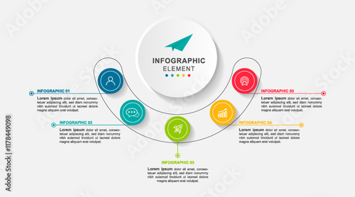 infographic template with integrated circles. Business concept with 5 options. For content, diagram, flowchart, steps, parts, timeline infographics, workflow, chart.