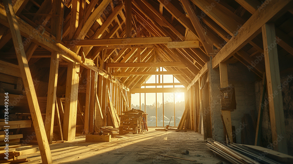 Wooden framework of house under construction with sunlight streaming in Wooden framework of house under construction with sunlight streaming in