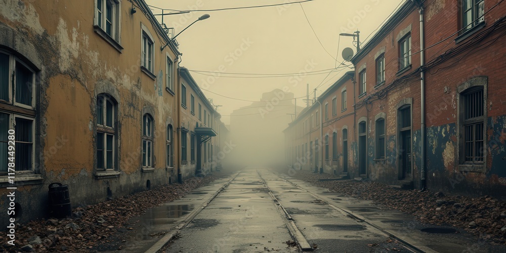 Fototapeta premium Forgotten Streets: A haunting image of a deserted, misty street lined with dilapidated buildings, evokes a sense of solitude and forgotten history. The road leads into the distance.