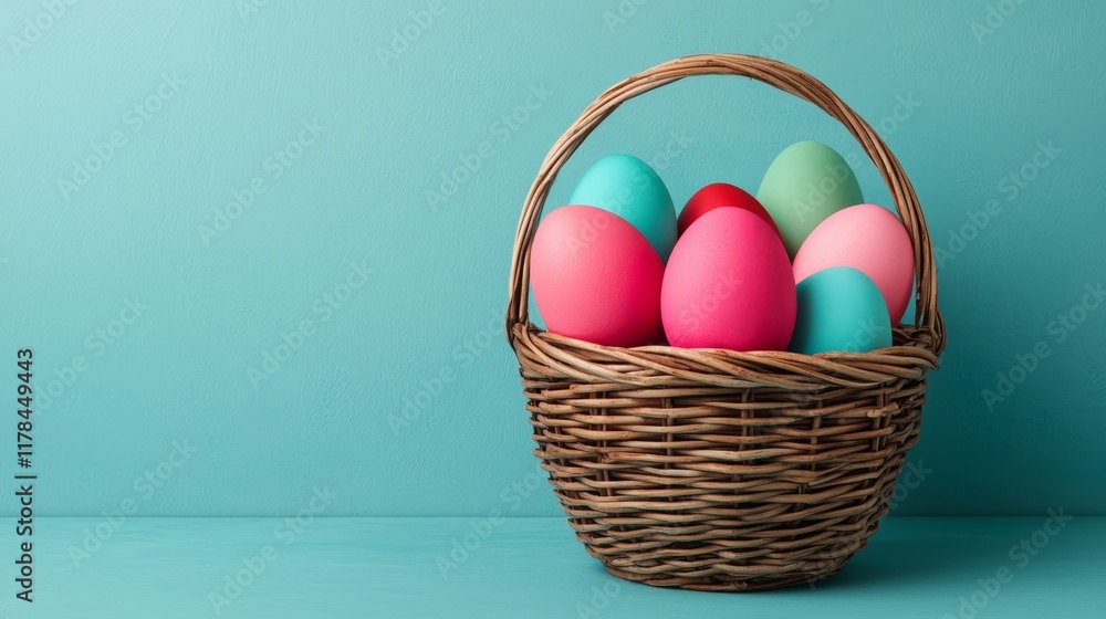 Vibrant Easter Basket Filled with Colorful Eggs on a Modern Turquoise Background Vibrant Easter Basket Filled with Colorful Eggs on a Modern Turquoise Background